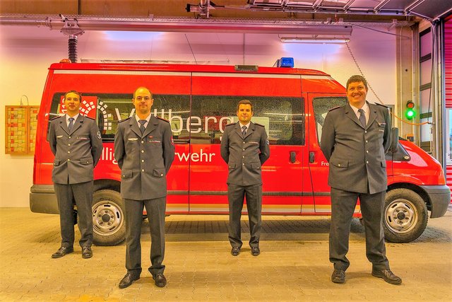 Die neue Führung der Freiwilligen Feuerwehr Vellberg (v.r.n.l.) Kommandant Marco Heigold, 1.Stellvertreter Timo Gmach (Bereich Einsatz), 2. Stellvertreter Dominik Groh (Bereich Technik), 3. Stellvertreter Dominik Vielmetter (Bereich Mitglieder)