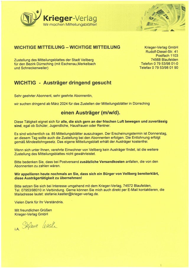 Austräger für das Mitteilungsblatt gesucht