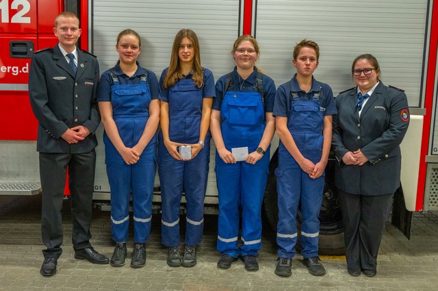 Übungskönige Jugendfeuerwehr: v.l. Kdt. Adrian Matthes, Hanna Maaß, Emma Paulina Rapp, Leonie König, Felix Maaß, Sophie Breiter